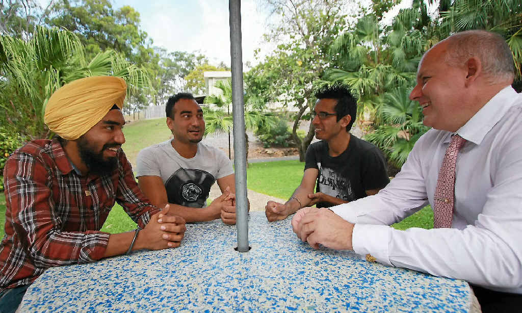 Balpreet Singh, Shaun Kumar and Sanam Deep with CQUniversity Vice-Chancellor Scott Bowman to discuss the university’s initiative to offer an education to some of India’s poorest children. Balpreet Singh, Shaun Kumar and Sanam Deep with CQUniversity Vice-Chancellor Scott Bowman to discuss the university’s initiative to offer an education to some of India’s poorest children.