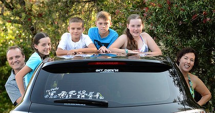 Monica Liebenow and husband Phil Barham, pictured with their children (left to right) Amber, Sam, Jack and Erin, are the creators of the 'My Family' bumper stickers, which are now being exported. Monica Liebenow and husband Phil Barham, pictured with their children (left to right) Amber, Sam, Jack and Erin, are the creators of the 'My Family' bumper stickers, which are now being exported.
