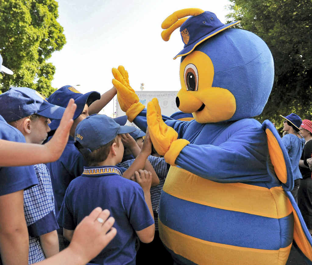 Grafton Public School’s Zingy the Bee gives his friends a high-five before the start of the Jacaranda Parade of Youth down Prince St, Grafton. 