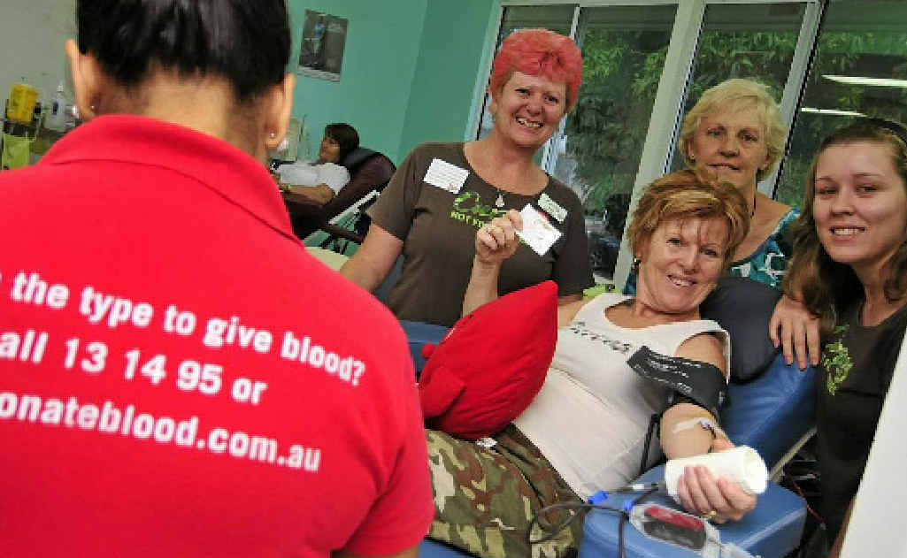 Members of Curves gym donate blood to Red Cross (Gladstone hospital); Vicki Felice donates blood with team mates (back L-R) Sue Wright, Liz Cowper and Ashleigh Felice. Members of Curves gym donate blood to Red Cross (Gladstone hospital); Vicki Felice donates blood with team mates (back L-R) Sue Wright, Liz Cowper and Ashleigh Felice.