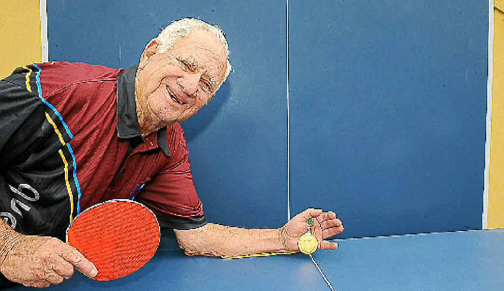 Geoff Simes, of East Lismore, with his gold medal from the Australian Veterans Table Tennis tournament. Geoff Simes, of East Lismore, with his gold medal from the Australian Veterans Table Tennis tournament.
