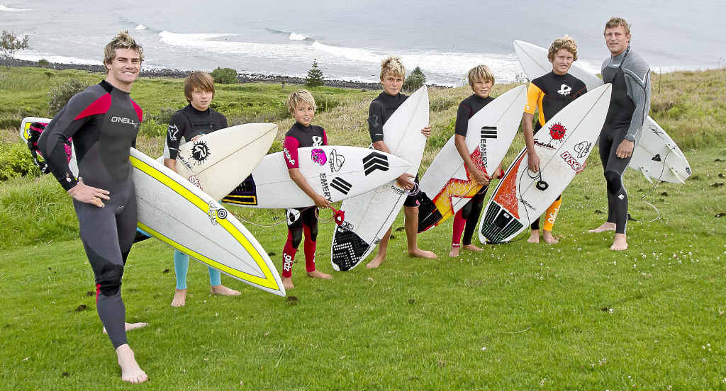 Berrick Barnes (left) and Lachie Turner (right) with young surfers, from left, Max Hickey, Luke Condon, Blake Ghanimeh, Zac Condon and Jake Snellgrove. Berrick Barnes (left) and Lachie Turner (right) with young surfers, from left, Max Hickey, Luke Condon, Blake Ghanimeh, Zac Condon and Jake Snellgrove.