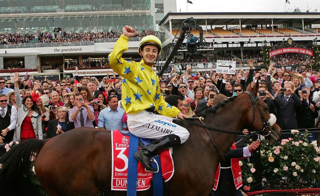 Jockey Christophe Lemaire riding Dunaden celebrates after winning the Melbourne Cup. Jockey Christophe Lemaire riding Dunaden celebrates after winning the Melbourne Cup.