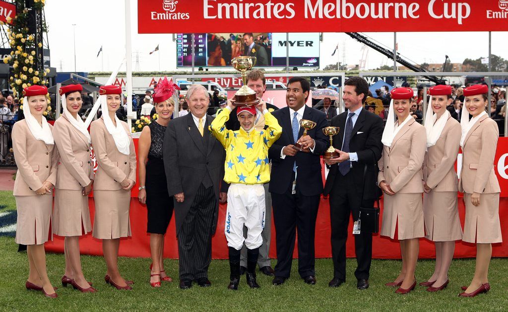 Emirates Melbourne Cup-winning jockey Lemaire celebrates with connections of Dunaden. Also pictured, left, is Richard Vaughan Emirates’ DSVP commercial operations worldwide. Emirates Melbourne Cup-winning jockey Lemaire celebrates with connections of Dunaden. Also pictured, left, is Richard Vaughan Emirates’ DSVP commercial operations worldwide.