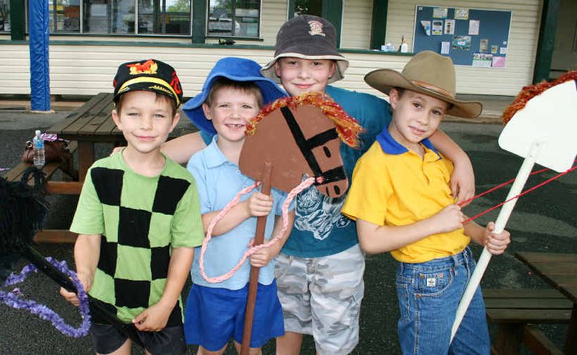 Griffin Thomson, Daniel Diete, Connor Mathies and Marshall Sullivan get into the Melbourne Cup spirit at Gindie. Griffin Thomson, Daniel Diete, Connor Mathies and Marshall Sullivan get into the Melbourne Cup spirit at Gindie.