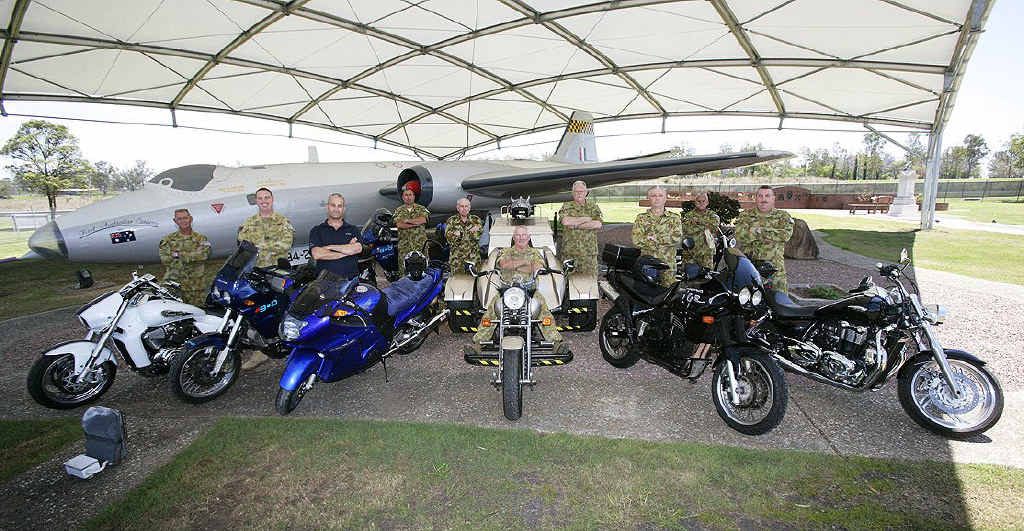 Participants in Exercise Longride, a cross country charity ride to raise funds for the Prostate Cancer Foundation of Australia involving serving and ex-serving Defence members, with their motorcycles at RAAF Base Amberley in the lead up to the event. (L to R) Sergeant Glen King, Flight Lieutenant Jody New, Mr Terry Lubomirski, Squadron Leader James Alexander, Sergeant Dave Humphry, Wing Commander Trevor Owens, Chaplin Robert Paget, Sergeant Chet, Warrant Officer Gary Thompson and Warrant Officer Steve Holland. Participants in Exercise Longride, a cross country charity ride to raise funds for the Prostate Cancer Foundation of Australia involving serving and ex-serving Defence members, with their motorcycles at RAAF Base Amberley in the lead up to the event. (L to R) Sergeant Glen King, Flight Lieutenant Jody New, Mr Terry Lubomirski, Squadron Leader James Alexander, Sergeant Dave Humphry, Wing Commander Trevor Owens, Chaplin Robert Paget, Sergeant Chet, Warrant Officer Gary Thompson and Warrant Officer Steve Holland.