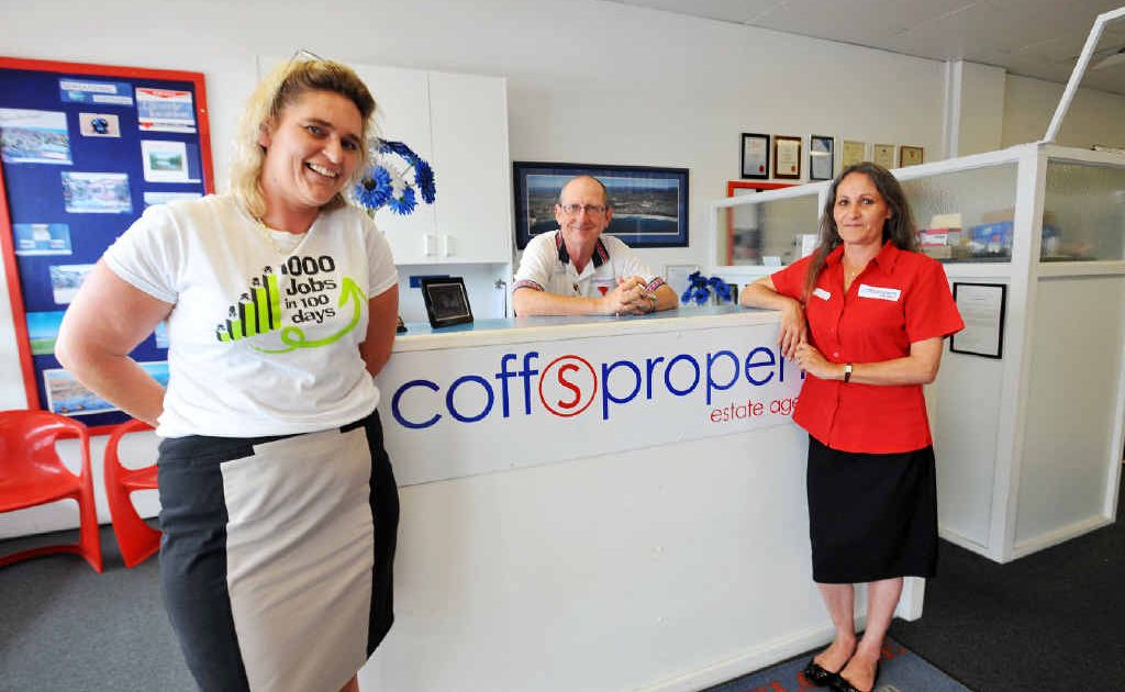 Happy with beating their aim of 1000 jobs in 100 days are employment consultant Jane McGowan with Coffs Property Estate Agents principal John Sercombe and happy worker Sandra Clark. Happy with beating their aim of 1000 jobs in 100 days are employment consultant Jane McGowan with Coffs Property Estate Agents principal John Sercombe and happy worker Sandra Clark.