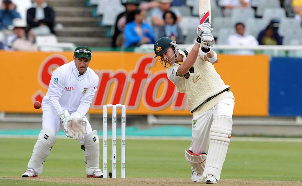 South Africa wicketkeeper Mark Boucher looks on as Michael Clarke of Australia plays his way to a century on day one of the first Test at Newlands in Cape Town. South Africa wicketkeeper Mark Boucher looks on as Michael Clarke of Australia plays his way to a century on day one of the first Test at Newlands in Cape Town.