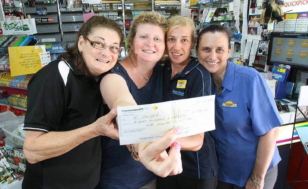 Cancer battler Shelley Dwyer (second from left), with North Ipswich Newsagent owner Narda Collins, Bernie Miller and Judy Jenkyns, receives a donation of $875 collected from customers. Cancer battler Shelley Dwyer (second from left), with North Ipswich Newsagent owner Narda Collins, Bernie Miller and Judy Jenkyns, receives a donation of $875 collected from customers.
