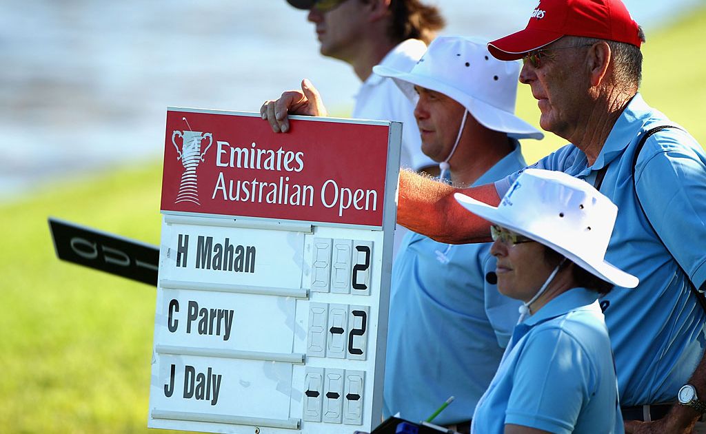 The scoreboard shows a no score for John Daly of the USA after he withdrew during day one of the 2011 Australian Open at The Lakes Golf Club at The Lakes Golf Club on November 10, 2011 in Sydney, Australia. The scoreboard shows a no score for John Daly of the USA after he withdrew during day one of the 2011 Australian Open at The Lakes Golf Club at The Lakes Golf Club on November 10, 2011 in Sydney, Australia.