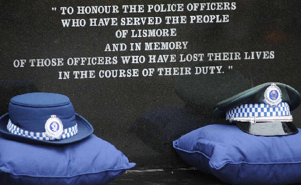 Police hats at the police memorial in Molesworth St, Lismore as part of the recent National Police Remembrance Day. Police hats at the police memorial in Molesworth St, Lismore as part of the recent National Police Remembrance Day.
