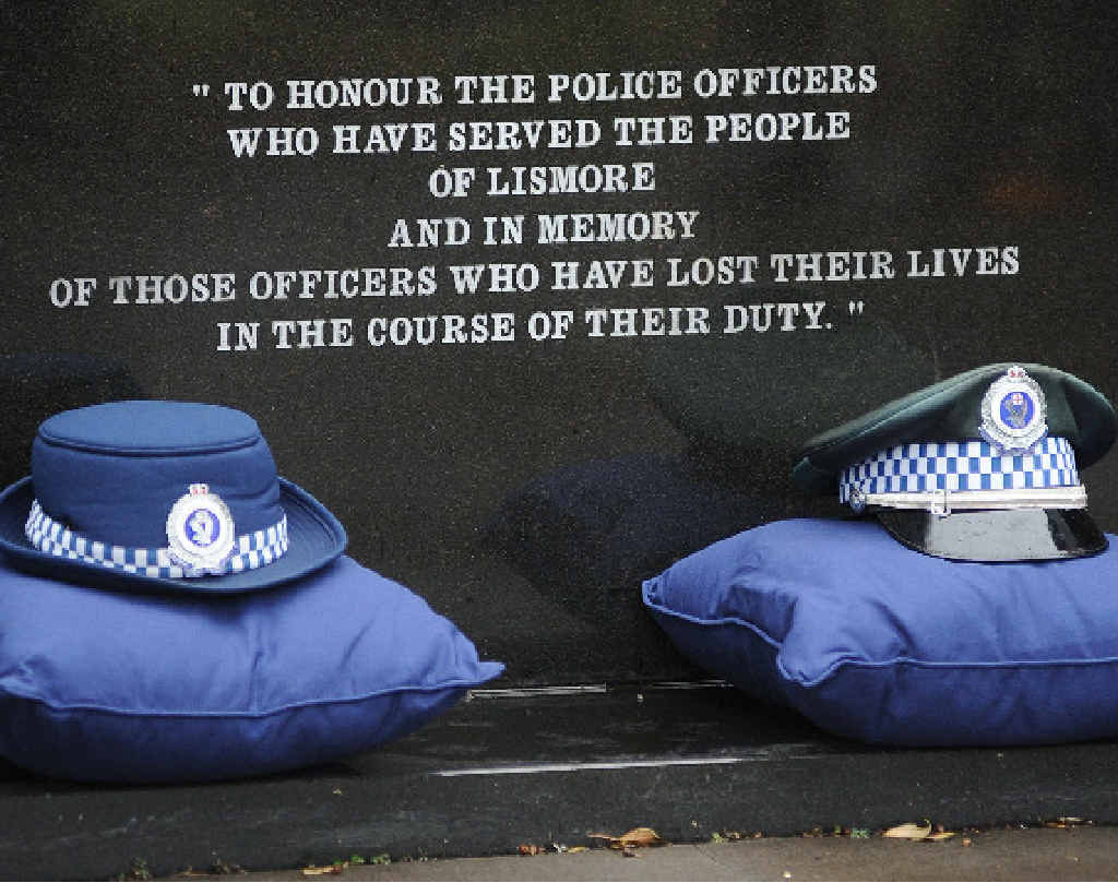 Police hats at the police memorial in Molesworth St, Lismore as part of the recent National Police Remembrance Day. Police hats at the police memorial in Molesworth St, Lismore as part of the recent National Police Remembrance Day.