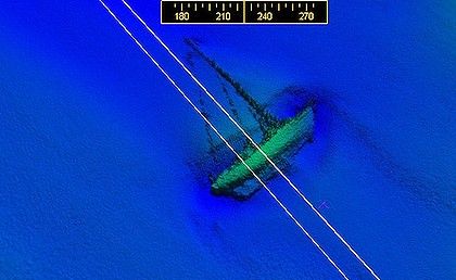A hydrographic survey shows a single-masted yacht resting on the bottom of the Brisbane River. A hydrographic survey shows a single-masted yacht resting on the bottom of the Brisbane River.