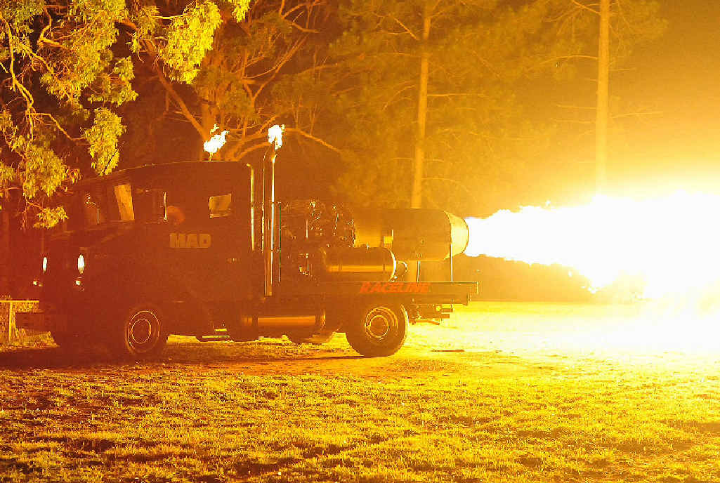 Bauple’s Ron Laycock will light up the sky with his jet truck at tomorrow’s Bauple Nut Bash.