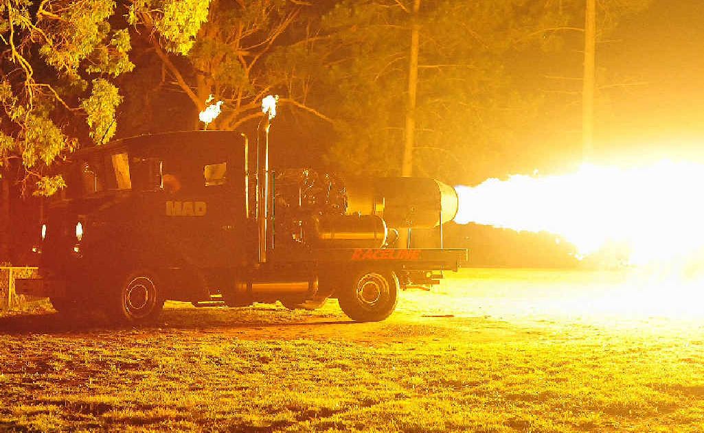 Bauple’s Ron Laycock will light up the sky with his jet truck at tomorrow’s Bauple Nut Bash. Bauple’s Ron Laycock will light up the sky with his jet truck at tomorrow’s Bauple Nut Bash.
