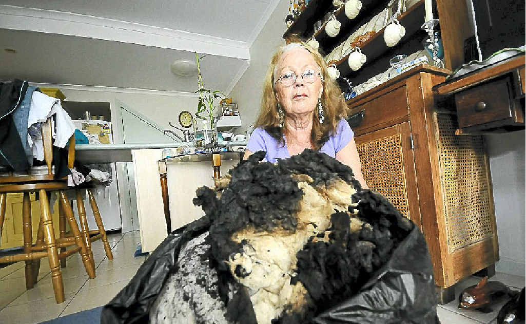 Ballina grandmother Dell Burgess is grateful that her ‘selfless and brave’ neighbour Scott Skinner put out a fire at her unit. The fire apparently started in the pillow she is displaying. Ballina grandmother Dell Burgess is grateful that her ‘selfless and brave’ neighbour Scott Skinner put out a fire at her unit. The fire apparently started in the pillow she is displaying.
