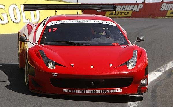 The Ferrari 458 GT3 tackles Mount Panorama. The Ferrari 458 GT3 tackles Mount Panorama.