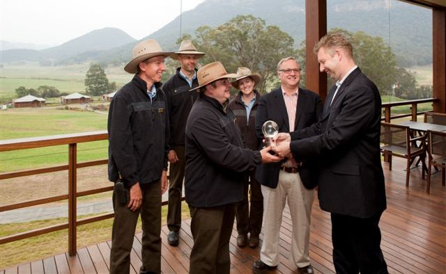Wolgan Valley Resort & Spa general manager Joost Heymeijer hands the Conde Nast Traveler’s World Savers Award to Phil Cram, facilities manager and Ben Boothby, senior field guide with the resort’s conservation Tteam. Wolgan Valley Resort & Spa general manager Joost Heymeijer hands the Conde Nast Traveler’s World Savers Award to Phil Cram, facilities manager and Ben Boothby, senior field guide with the resort’s conservation Tteam.