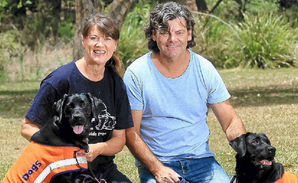 Helen Croucher and Matt Perry with Guide Dogs Opal and Quella. Helen Croucher and Matt Perry with Guide Dogs Opal and Quella.