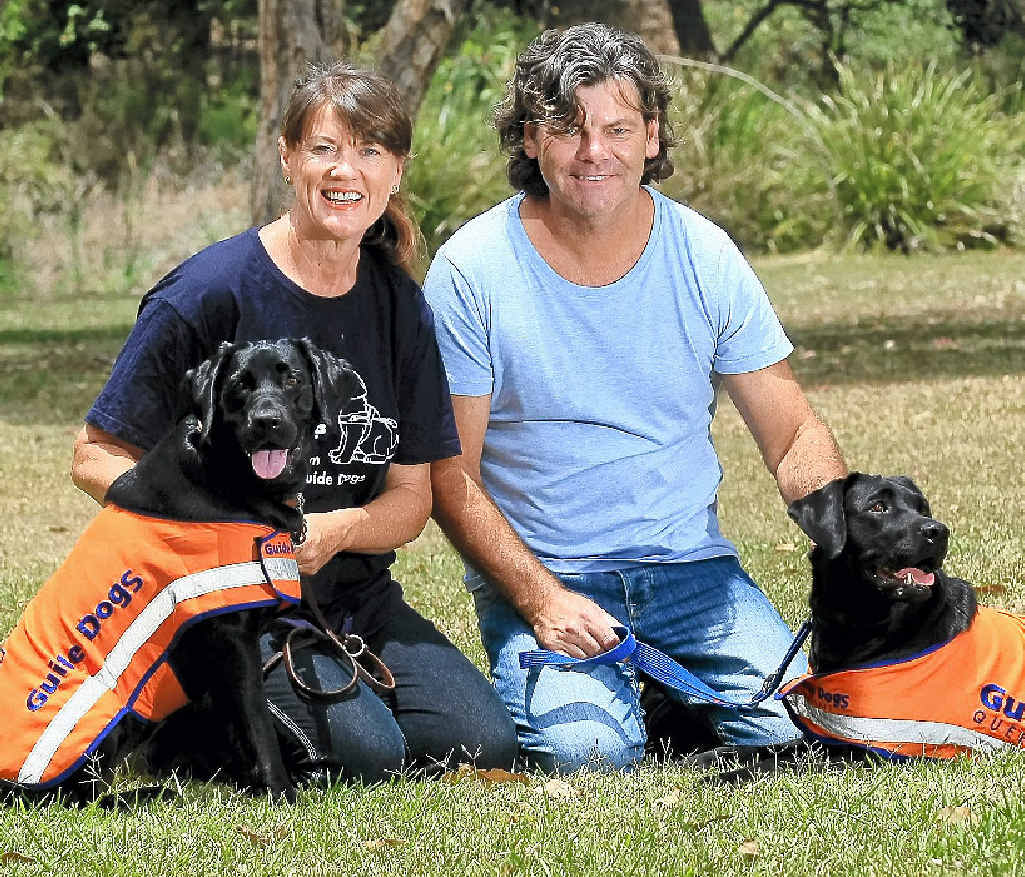 Helen Croucher and Matt Perry with Guide Dogs Opal and Quella. Helen Croucher and Matt Perry with Guide Dogs Opal and Quella.