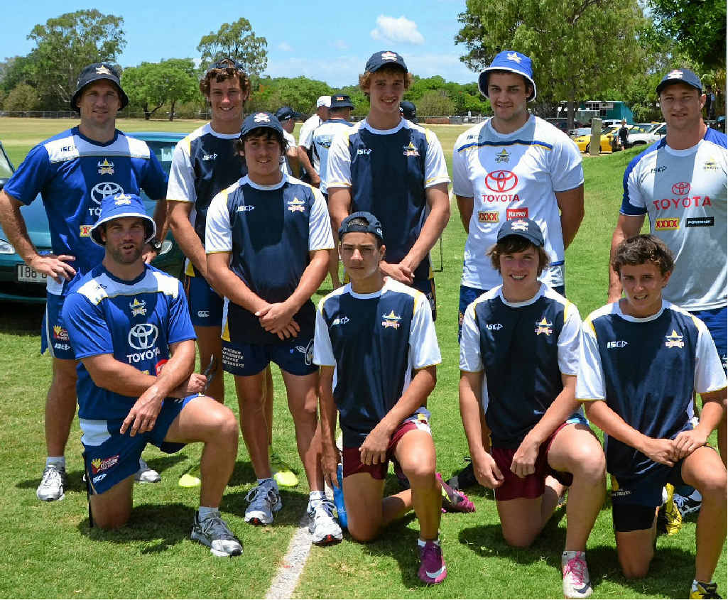 Justin Cridland, Sam Smith, Bill Cullen, Josh Hughes, Jack Wilson and Brendan Dow chat with coaches, trainers and current Cowboys’ player Tariq Sims at the Cowboys Top Gun Academy. Justin Cridland, Sam Smith, Bill Cullen, Josh Hughes, Jack Wilson and Brendan Dow chat with coaches, trainers and current Cowboys’ player Tariq Sims at the Cowboys Top Gun Academy.