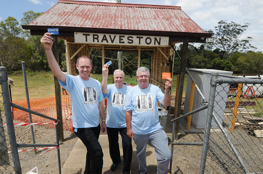 Jeff Addison, Brian O'Connor and Robert Dow, of Rail Back On Track rail advocacy group, stop at Traveston Station to celebrate the good news that it will remain open and operational thanks to the decision by Qld Rail to Restore the shelter. Jeff Addison, Brian O'Connor and Robert Dow, of Rail Back On Track rail advocacy group, stop at Traveston Station to celebrate the good news that it will remain open and operational thanks to the decision by Qld Rail to Restore the shelter.
