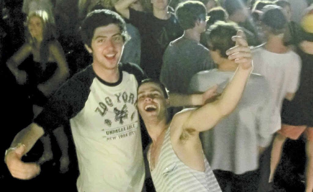 Andrew Meagher at left and Jonathon Crowe, both 18 and from Melbourne, celebrate the end of school at Schoolies Hub. Andrew Meagher at left and Jonathon Crowe, both 18 and from Melbourne, celebrate the end of school at Schoolies Hub.