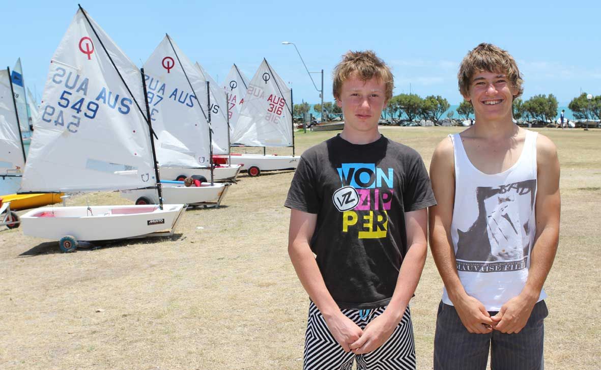 GREAT SAILORS: Whitsunday junior Optimist sailors Ollie Annear and Klaus Lorenz during sailing practice on Sunday at the Whtisunday Sailing Club. Photo Sharon Smallwood / Whitsunday Times GREAT SAILORS: Whitsunday junior Optimist sailors Ollie Annear and Klaus Lorenz during sailing practice on Sunday at the Whtisunday Sailing Club. Photo Sharon Smallwood / Whitsunday Times