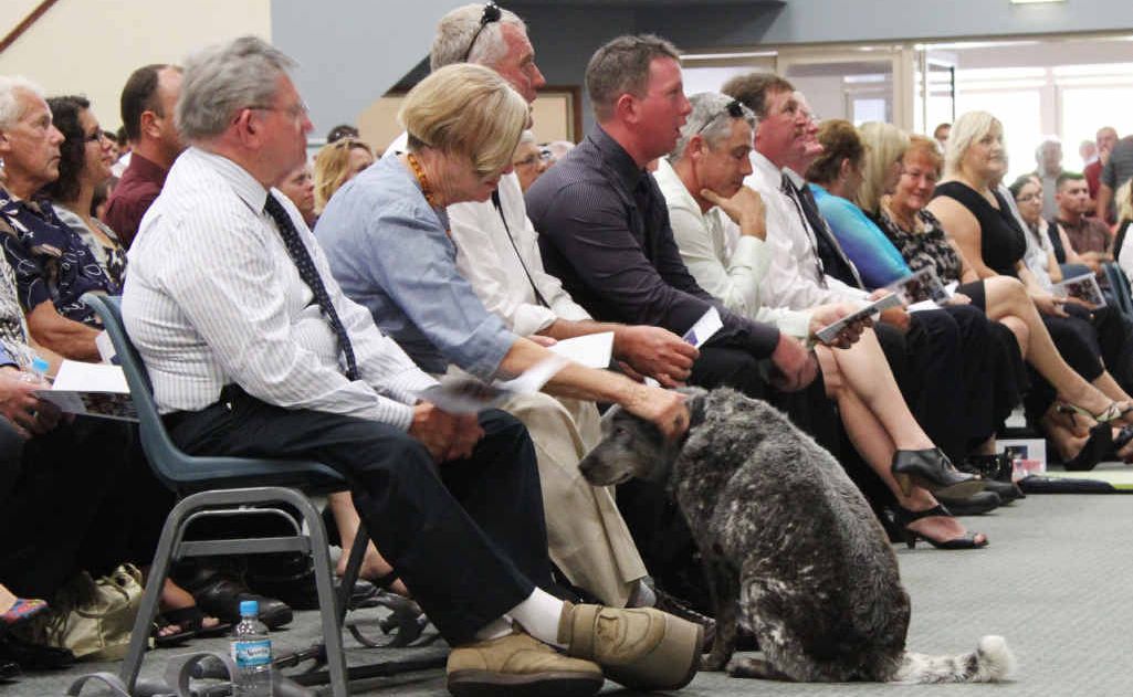 Andrew’s family, and his dog Cass, at his memorial service on Friday. Andrew’s family, and his dog Cass, at his memorial service on Friday.