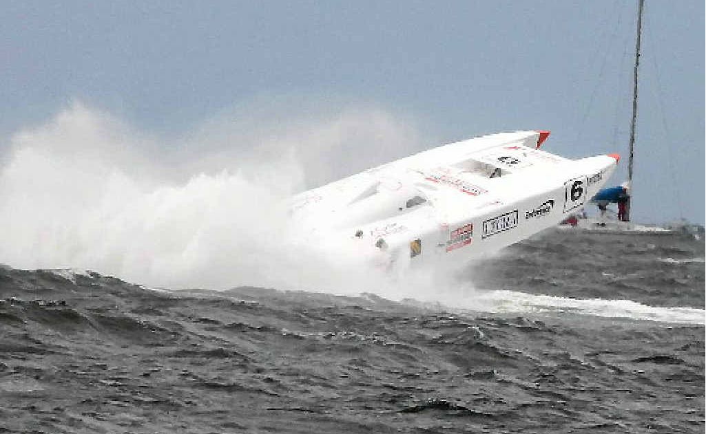 The Good Guys, driven by Chris and Brendan Frier, almost leaves the water as it hits big seas. The Good Guys, driven by Chris and Brendan Frier, almost leaves the water as it hits big seas.