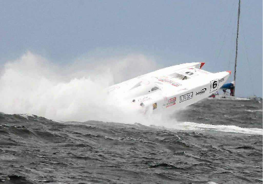The Good Guys, driven by Chris and Brendan Frier, almost leaves the water as it hits big seas. The Good Guys, driven by Chris and Brendan Frier, almost leaves the water as it hits big seas.