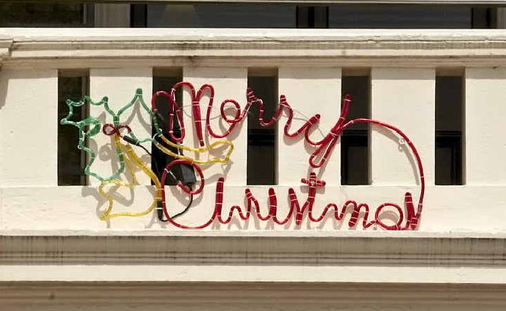 Part of the minimal Christmas decorations that adorn City Hall on Ruthven St.