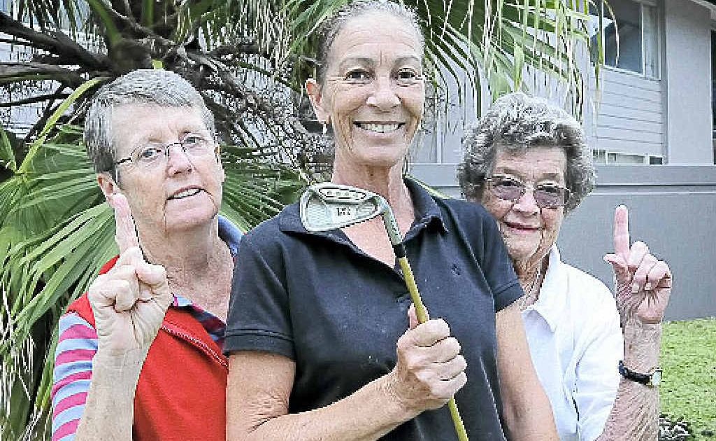 Maria Donnelly, centre, hit her first hole-in-one on the 9th hole at the Ballina Golf Club last week. There to help celebrate her achievement are women’s captain Anne Jackson, left, and nine-hole competition co-ordinator Lenore Batterham. Maria Donnelly, centre, hit her first hole-in-one on the 9th hole at the Ballina Golf Club last week. There to help celebrate her achievement are women’s captain Anne Jackson, left, and nine-hole competition co-ordinator Lenore Batterham.