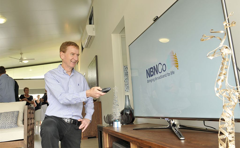 NBN Co spokesman Archie Wilson tests the high-speed internet at the Mahon family’s new home. NBN Co spokesman Archie Wilson tests the high-speed internet at the Mahon family’s new home.