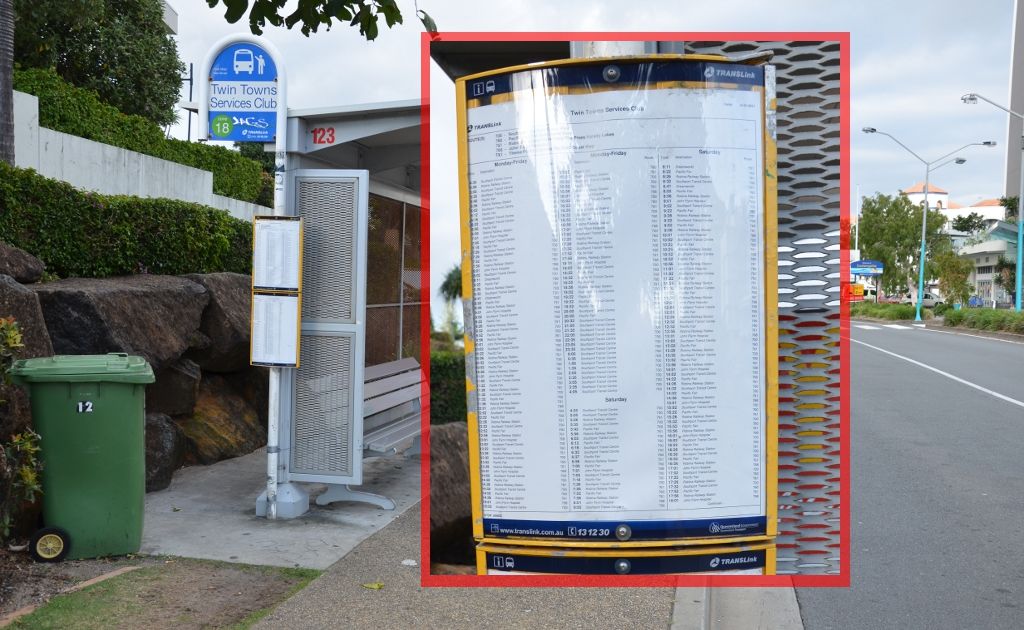 Tweed MP Geoff Provest is hoping to improve information at bus stops, such as this one in Tweed Heads. Inset, a close-up of the timetable.