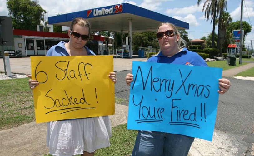 Kylie Meehan and Kylie Maunder protest the loss of their jobs outside the United Petrol Service Station on Lower Dawson Rd yesterday. Kylie Meehan and Kylie Maunder protest the loss of their jobs outside the United Petrol Service Station on Lower Dawson Rd yesterday.