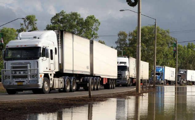 The first trucks to enter Rockhampton from the south after the recent floods are only a small example of how many trucks go through Rockhampton each day. The first trucks to enter Rockhampton from the south after the recent floods are only a small example of how many trucks go through Rockhampton each day.