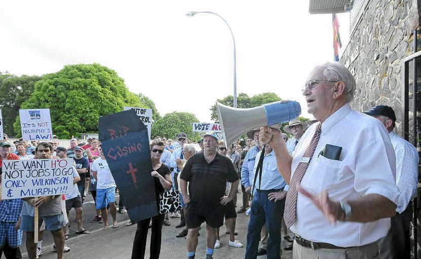 Richmond Valley Council Mayor Col Sullivan addresses the crowd protesting increased water charges. Richmond Valley Council Mayor Col Sullivan addresses the crowd protesting increased water charges.