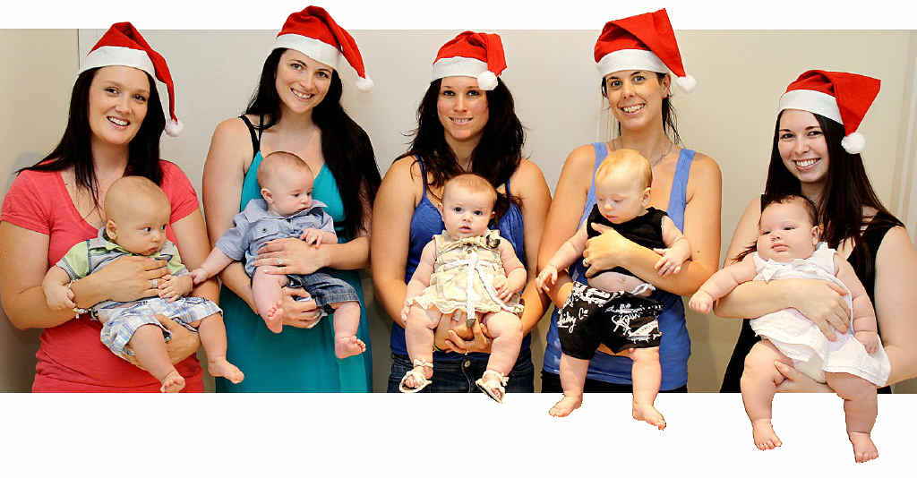 Former Maroochydore High students (from left) Teagan Williams with Mitchell, 5 months, Gemma Hall with Archie, 4 months, Rachael Kronk with Scarlett, 4 months, Eryn Fechner with Riley, 6 months, and Kaelam Goodman with Allira, 2 months. Former Maroochydore High students (from left) Teagan Williams with Mitchell, 5 months, Gemma Hall with Archie, 4 months, Rachael Kronk with Scarlett, 4 months, Eryn Fechner with Riley, 6 months, and Kaelam Goodman with Allira, 2 months.