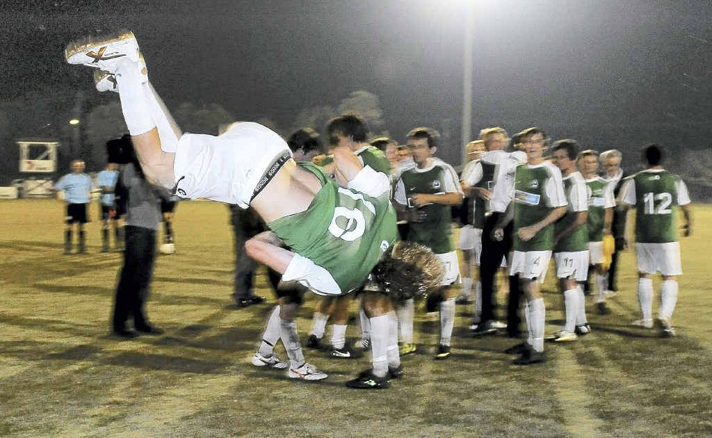 Moore Park’s James Walker does a victory somersault after beating Diggers in the Football Bundaberg Toyota Premier League grand final. Moore Park’s James Walker does a victory somersault after beating Diggers in the Football Bundaberg Toyota Premier League grand final.