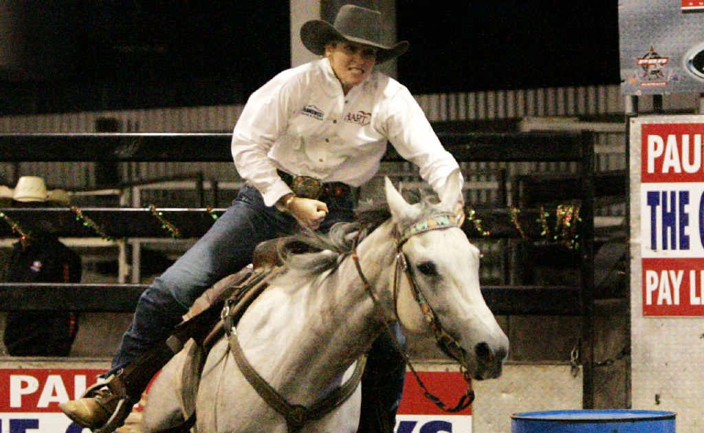 Jill Lyons shows the impressive form that has taken her to victory at her last two Open Barrel Race events at the Great Western. Jill Lyons shows the impressive form that has taken her to victory at her last two Open Barrel Race events at the Great Western.