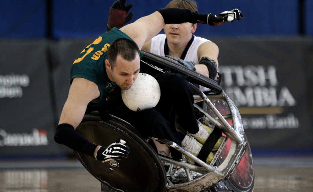 Australia’s Cameron Carr (left) is knocked over by USA’s Andy Cohn during the gold medal match at the World Wheelchair Rugby Championships in Canada last year. Australia’s Cameron Carr (left) is knocked over by USA’s Andy Cohn during the gold medal match at the World Wheelchair Rugby Championships in Canada last year.