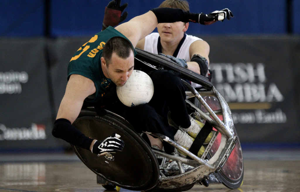 Australia’s Cameron Carr (left) is knocked over by USA’s Andy Cohn during the gold medal match at the World Wheelchair Rugby Championships in Canada last year. Australia’s Cameron Carr (left) is knocked over by USA’s Andy Cohn during the gold medal match at the World Wheelchair Rugby Championships in Canada last year.