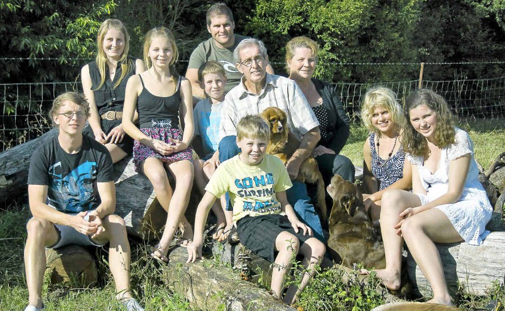 Former Byron Bay police officer Murray Powell and his family at their Clunes home. (Left to right) Alex, Elizabeth, Maddy, Bryan (back), Lyall, Murray, Petria, Jennifer (blonde), Caroline and (front) Phillip Powell. Former Byron Bay police officer Murray Powell and his family at their Clunes home. (Left to right) Alex, Elizabeth, Maddy, Bryan (back), Lyall, Murray, Petria, Jennifer (blonde), Caroline and (front) Phillip Powell.
