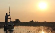 Gliding across the tranquil waters of the Okavango in a traditional mokoro. Gliding across the tranquil waters of the Okavango in a traditional mokoro.