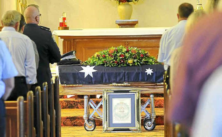 Friends and family attended the funeral of retired police sergeant Murray Powell at St Kevin’s Catholic Church in Bangalow yesterday where he received full police honours in a moving ceremony. Friends and family attended the funeral of retired police sergeant Murray Powell at St Kevin’s Catholic Church in Bangalow yesterday where he received full police honours in a moving ceremony.