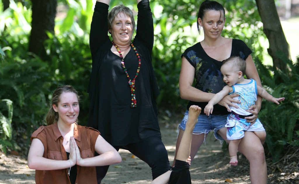 Emma Kime, Leanne Kime, Cindy Tavinor and her children Jonny and Kayla participate in a yoga class in the park. Emma Kime, Leanne Kime, Cindy Tavinor and her children Jonny and Kayla participate in a yoga class in the park.