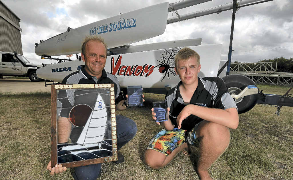 Father and son Bruce and Jarrod Potter with their trophy haul from the recent national titles. Father and son Bruce and Jarrod Potter with their trophy haul from the recent national titles.