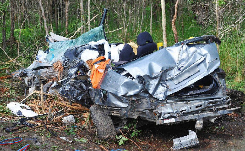 The wreckage of the car being driven by Grant David Wright after it crashed near Tabbimoble. The wreckage of the car being driven by Grant David Wright after it crashed near Tabbimoble.