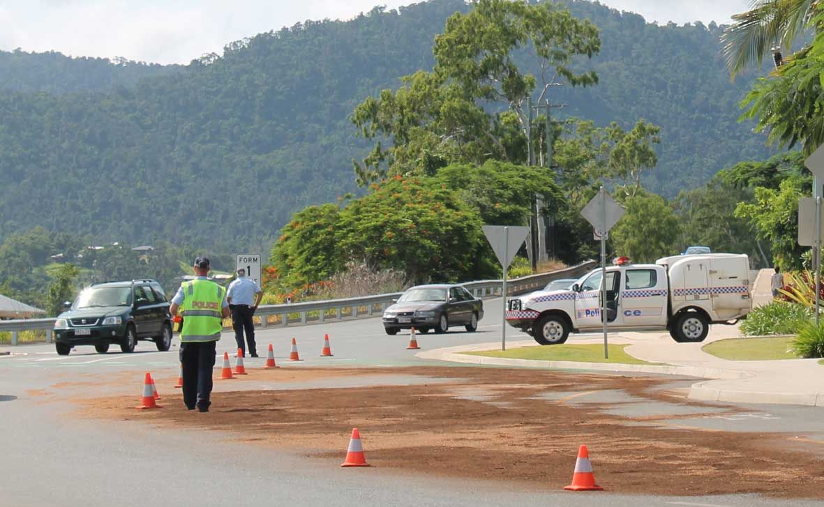 OILLY MESS: Oil from a burst hydraulic system on a Whitsunday Regional Council street cleaning truck spilt onto the round-about in Airlie Beach on Saturday. Photo Aimee Vinci / Whitsunday Times OILLY MESS: Oil from a burst hydraulic system on a Whitsunday Regional Council street cleaning truck spilt onto the round-about in Airlie Beach on Saturday. Photo Aimee Vinci / Whitsunday Times